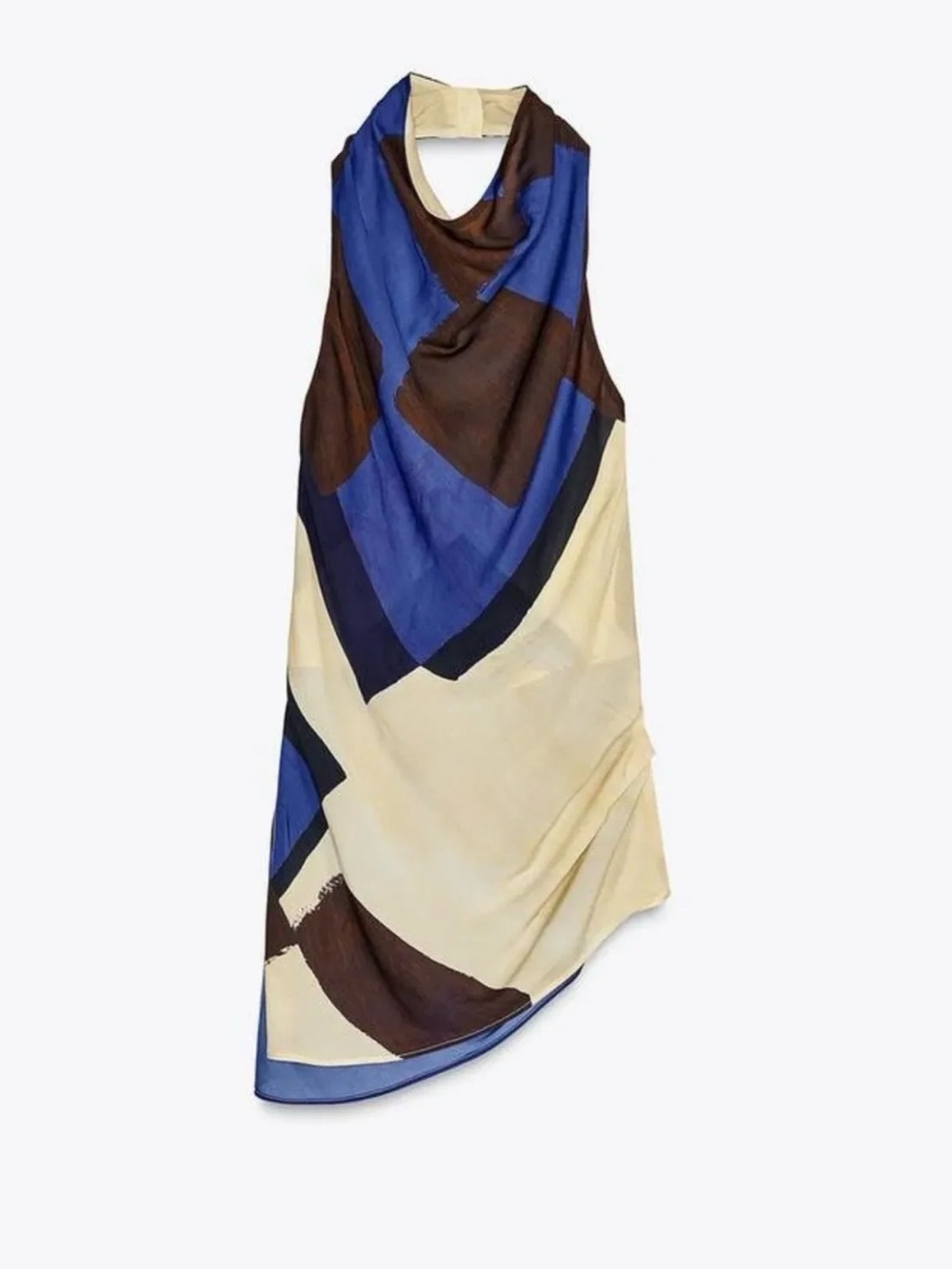 Sleeveless Abstract Print Draped Midi Dress in Blue, Brown & Cream